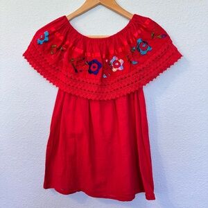 Handmade Red Mexican Embroidered Flowers Cotton Open-shoulder Boho Top Size S